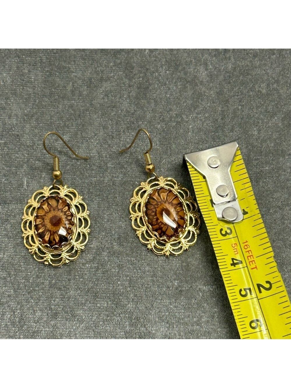 Gold Tone Flower Cat Eye Oval Dangling Earrings View 6